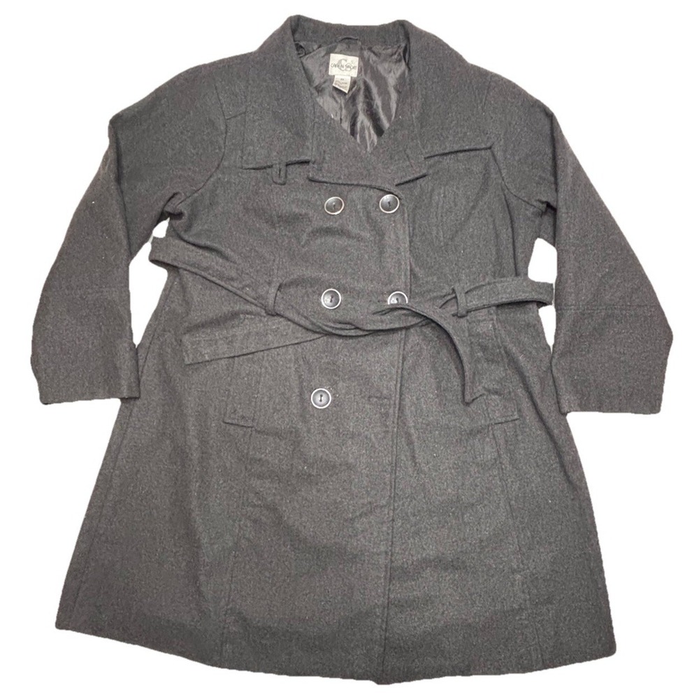 Caren Sport Womens 2X Wool Blend Peacoat Gray Double Breasted Belted Coat